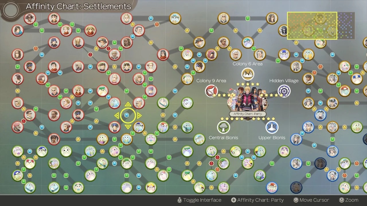 affinity chart, showing a spider-web of dozens of connections between all the NPCs and the party
